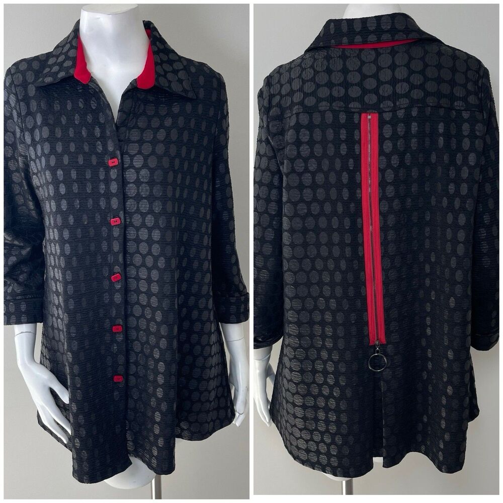 IC by Connie Mid Length Swing Light Jacket 10 Black Red Evening Office‎ Artsy